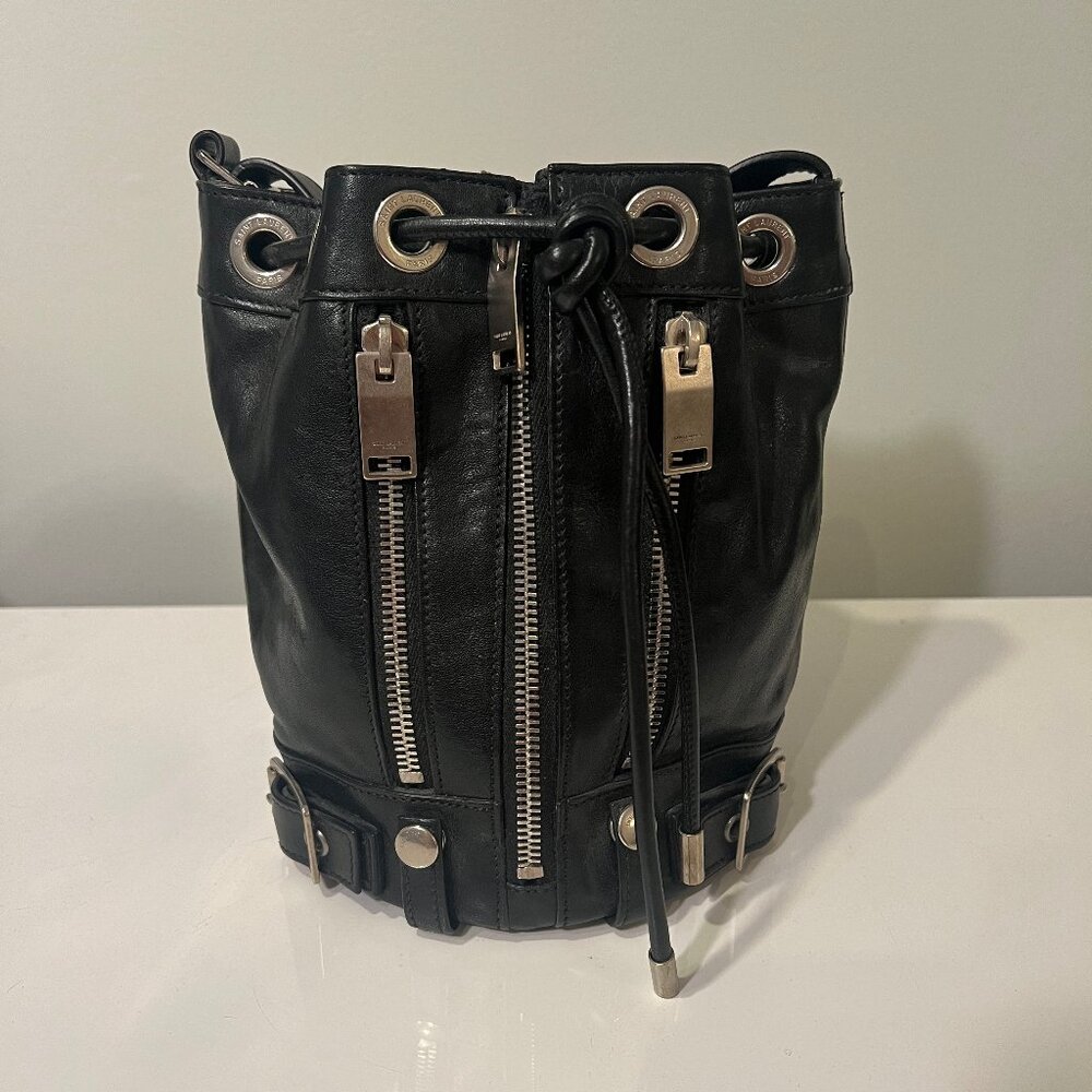 Saint Laurent Small Rider Bucket Bag in Black Leather